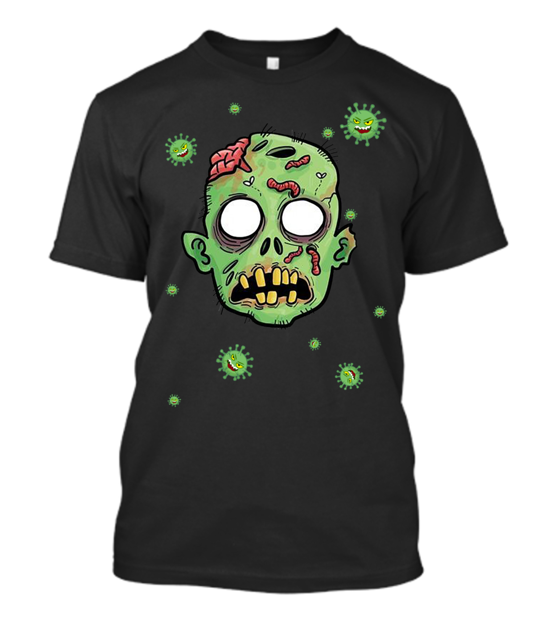 Corana Zombie Head With Worms Surrounded By Virus Icons T-Shirt