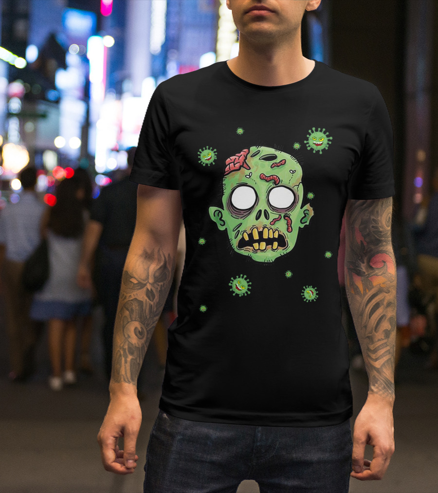 Corana Zombie Head With Worms Surrounded By Virus Icons T-Shirt