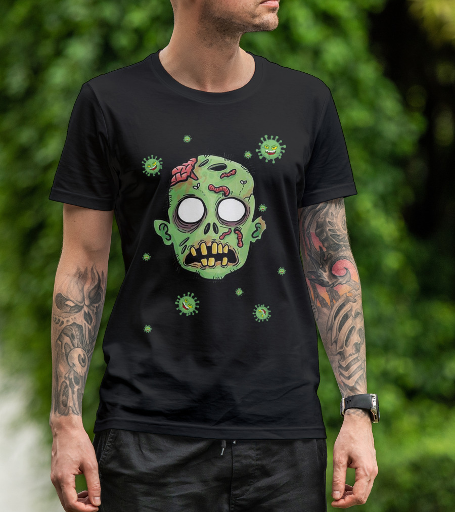Corana Zombie Head With Worms Surrounded By Virus Icons T-Shirt