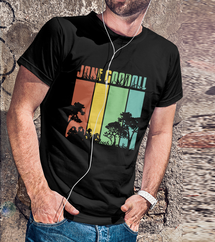 Jane Goodall Men's Cotton Navy Crew Neck Top With Colorful Tree Stripes T-Shirt