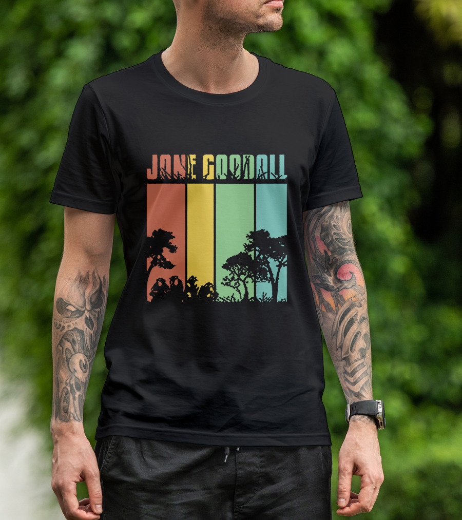Jane Goodall Men's Cotton Navy Crew Neck Top With Colorful Tree Stripes T-Shirt