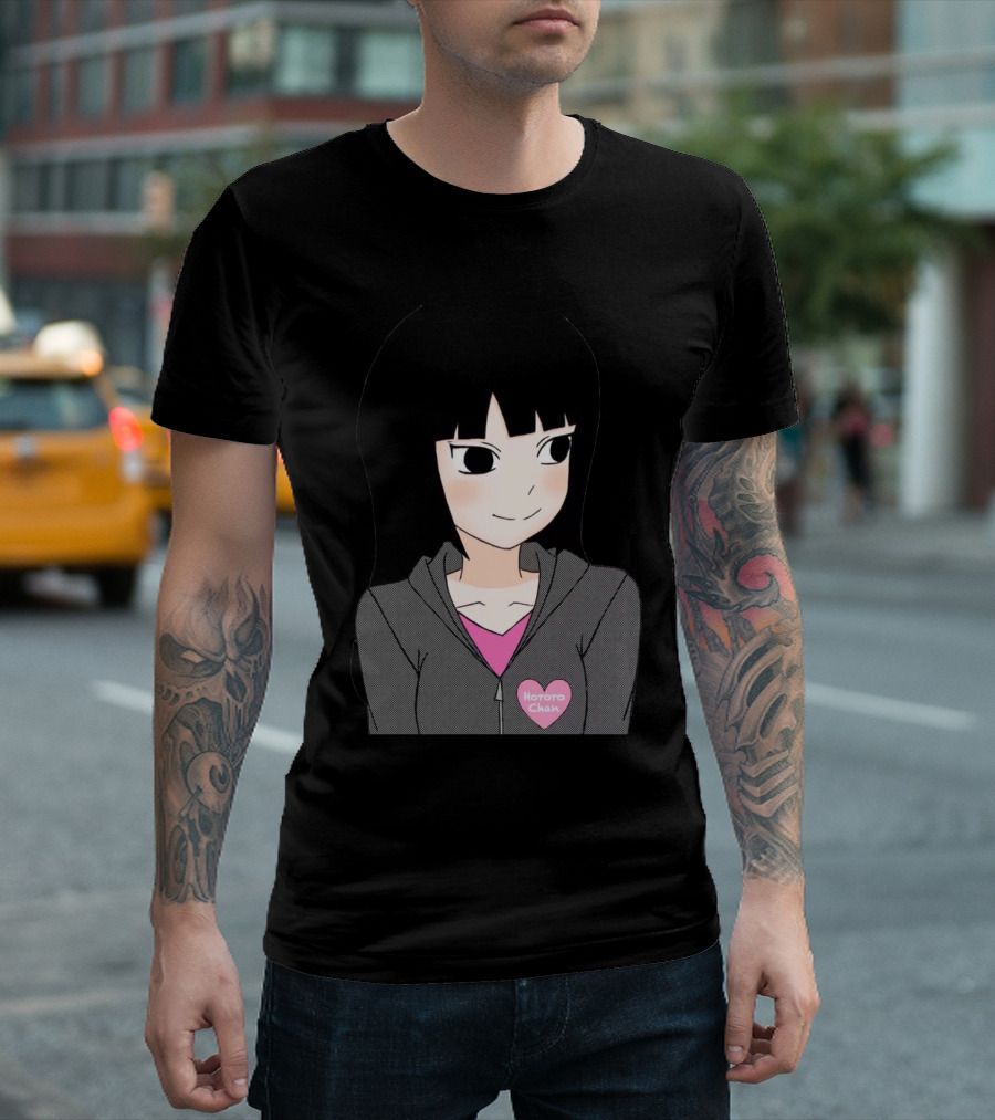 Hororo Chan Anime Character Illustration Blush Hoodie Pink Heart Badge T-Shirt