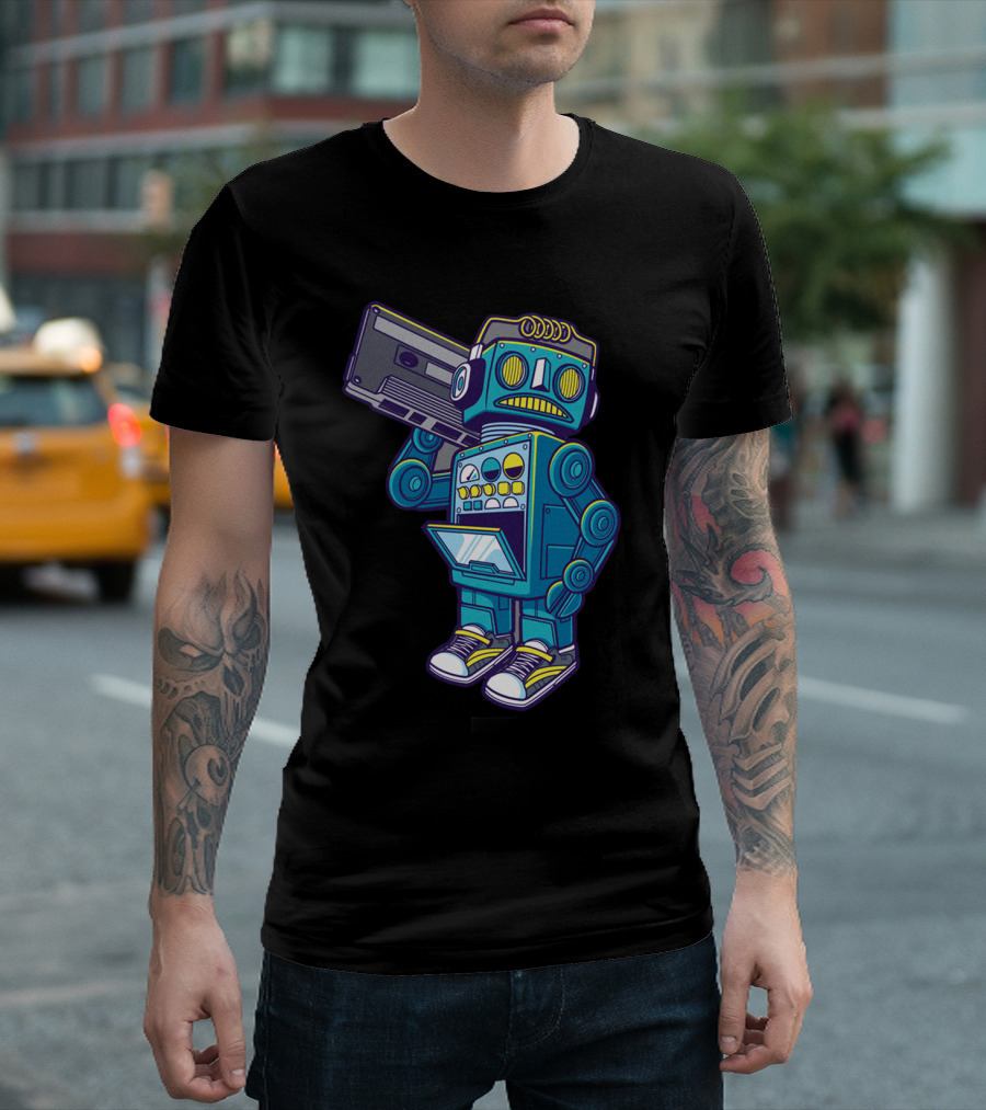 Blue And Gray Robot Holding Boombox Robot Rock T-Shirt