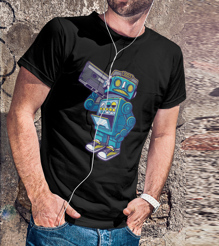 Blue And Gray Robot Holding Boombox Robot Rock T-Shirt