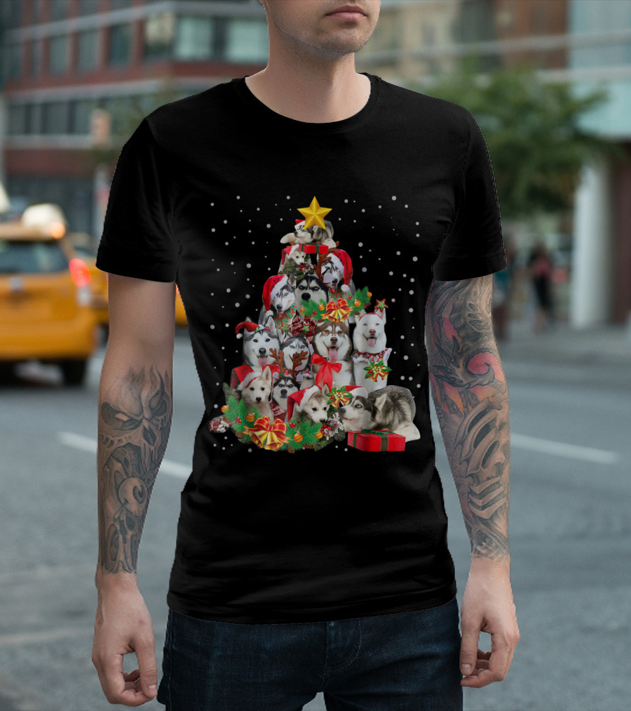 Siberian Husky Christmas Tree with Santa Hats and Holiday Decorations T-Shirt
