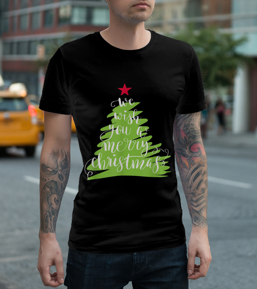 We Wish You A Merry Christmas Xmas Tree with Red Star T-Shirt