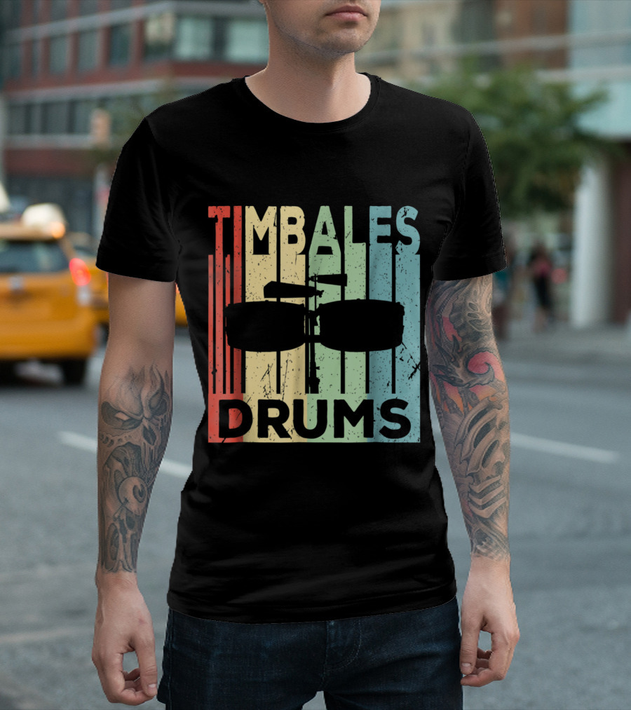 Timbales Drums Silhouette on Vintage Rainbow Stripes T-Shirt