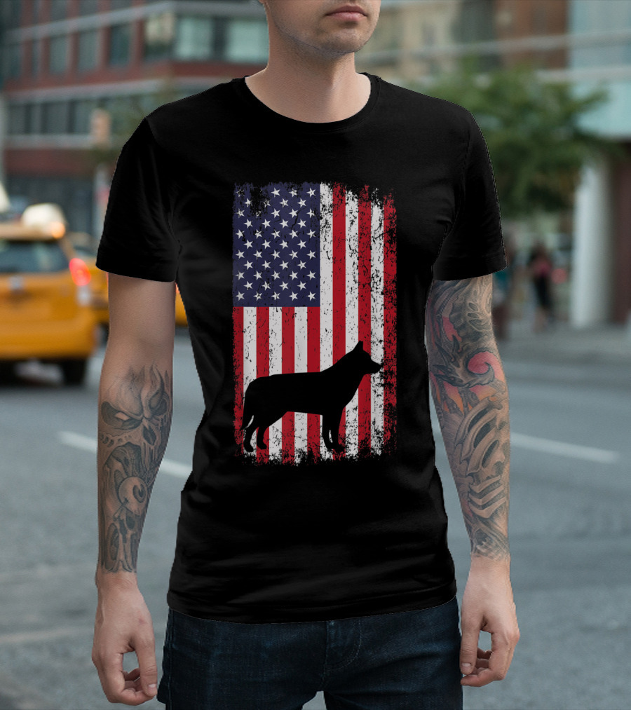 Siberian Husky Dog Silhouette American Flag T-Shirt