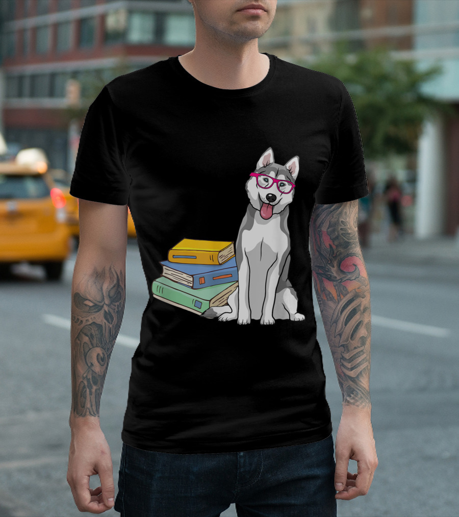 Siberian Husky Geek Dogeek Dogs Glasses Books Stack T-Shirt