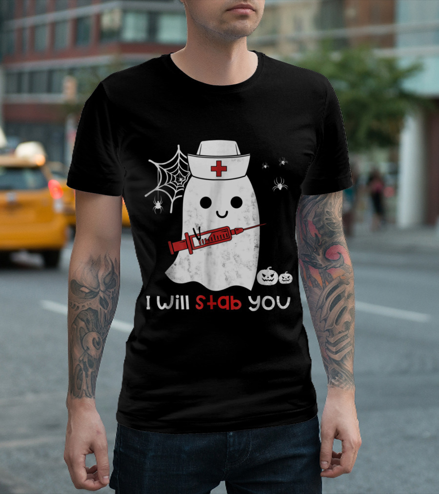 Nurse Ghost with Syringe and Webs I Will Stab You Halloween T-Shirt