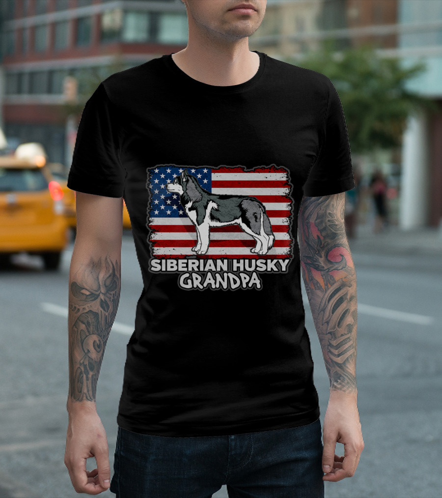 Siberian Husky Grandpa American Flag Background T-Shirt