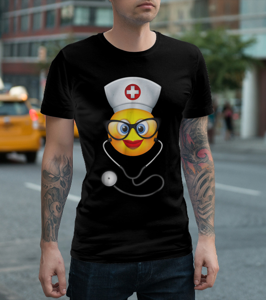 Halloween Nurse Emoji with Glasses and Stethoscope T-Shirt