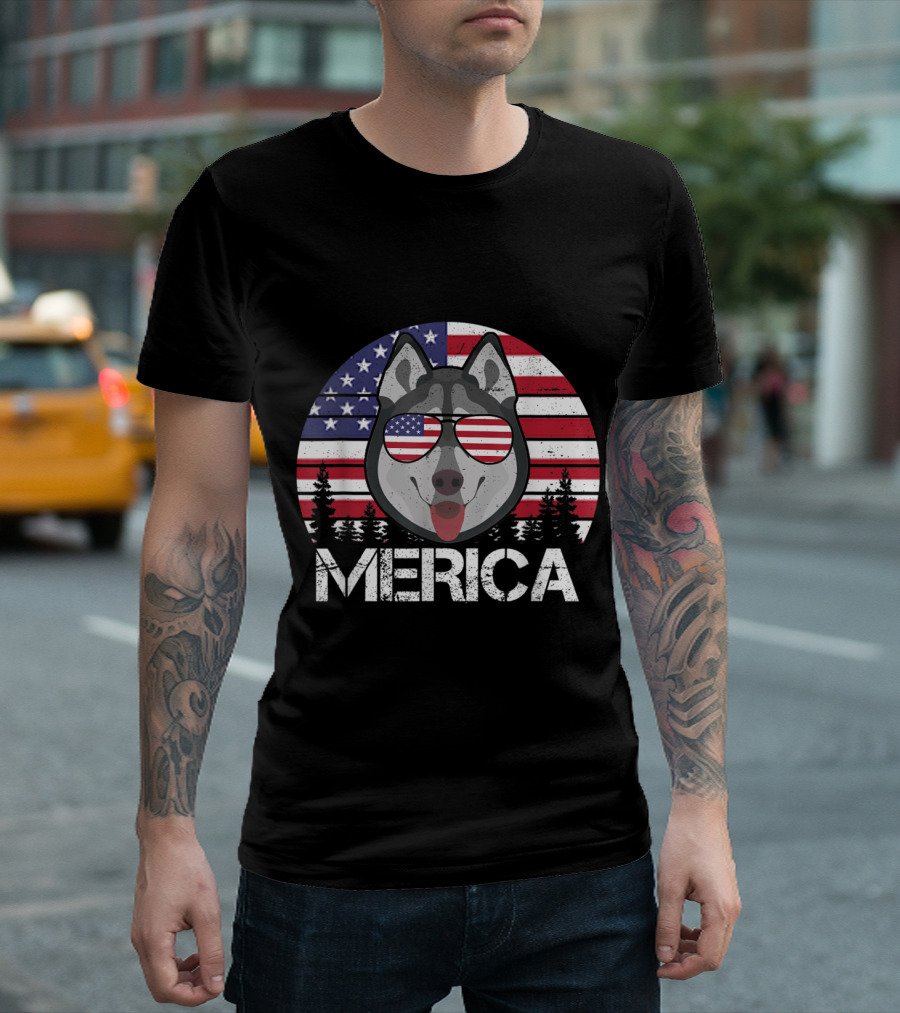 Siberian Husky Merica USA Flag Sunglasses 4th Of July Dog T-Shirt