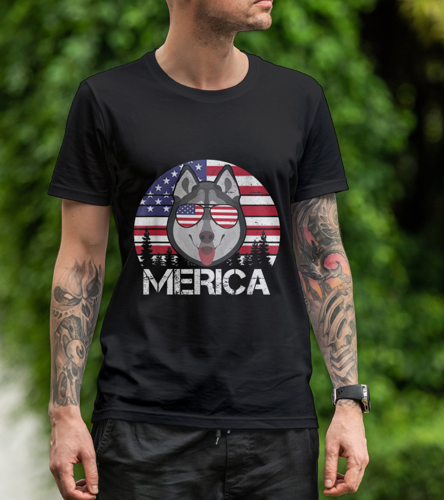 Siberian Husky Merica USA Flag Sunglasses 4th Of July Dog T-Shirt