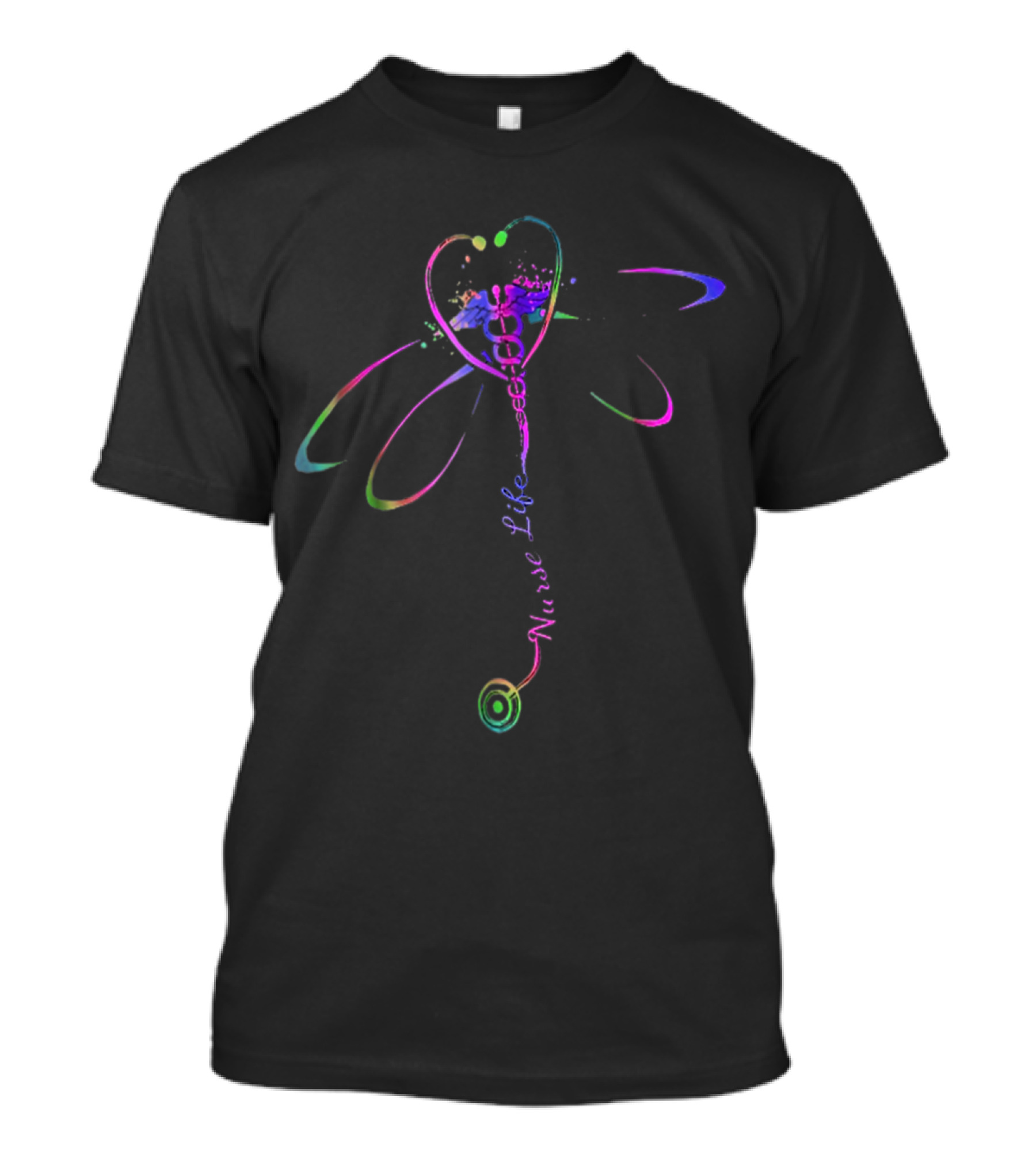 Nurse Life Rainbow Stethoscope Heart And Dragonfly T-Shirt