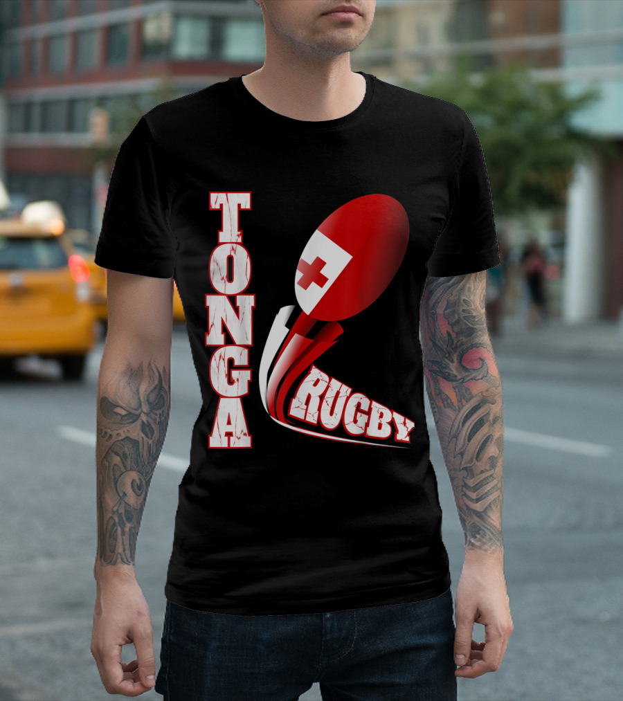 Tonga Rugby Fan Distressed Marbled Text with Tongan Flag Rugby Ball and White Red Elements T-Shirt
