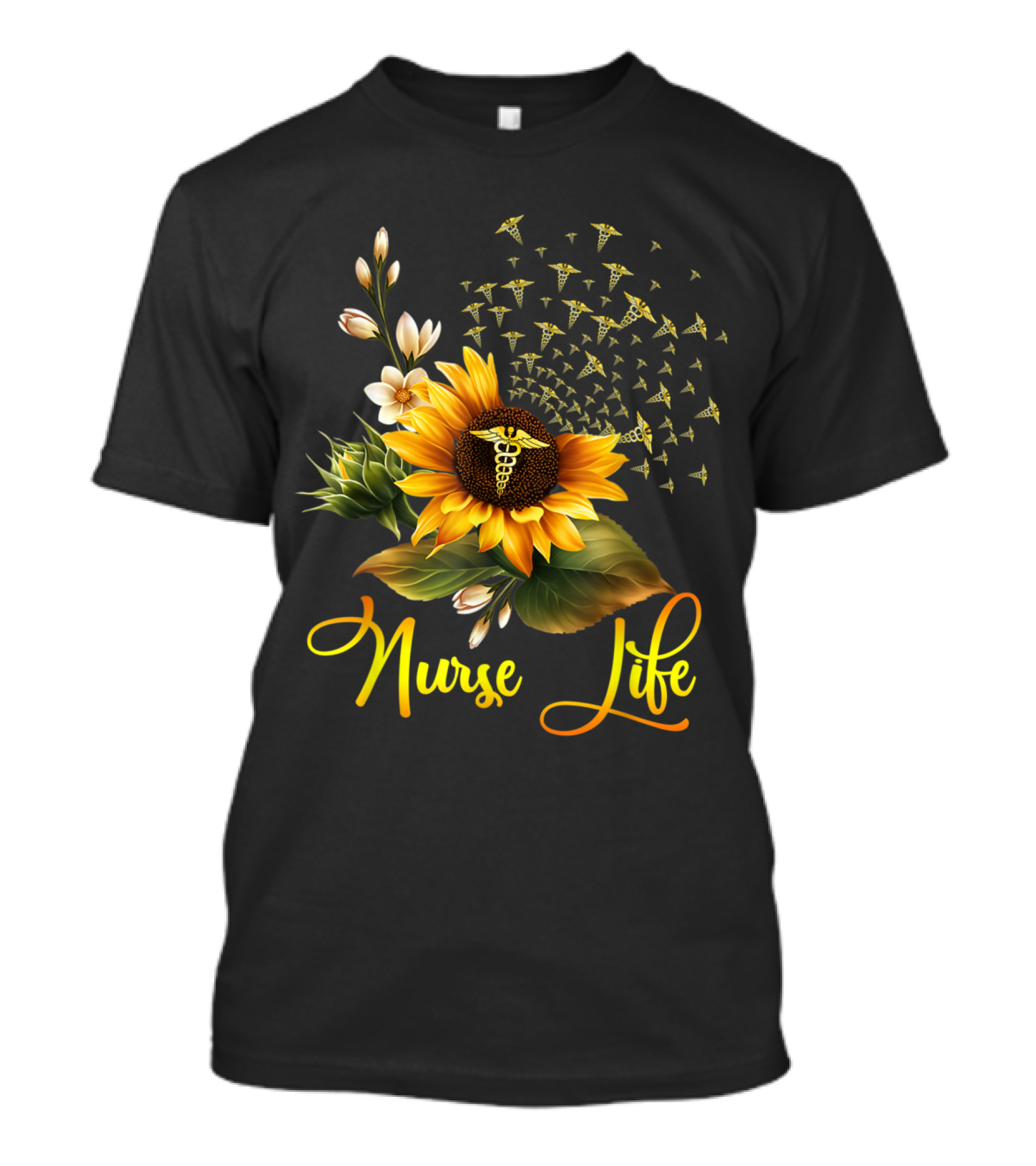 Nurse Life Sunflower Caduceus Symbol Blossoms T-Shirt