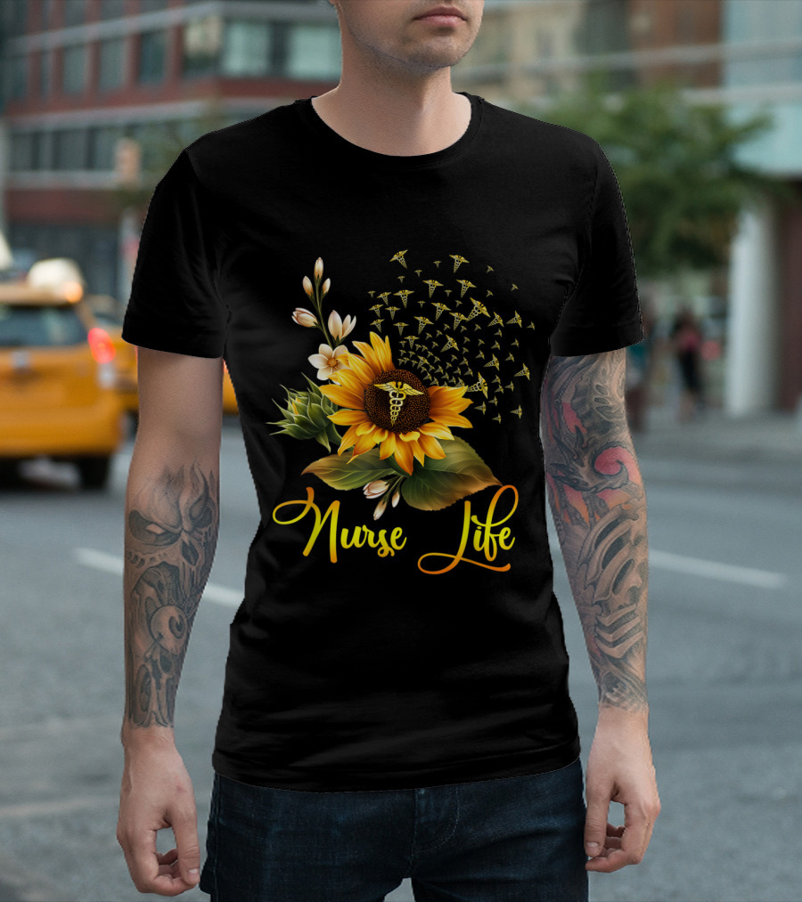 Nurse Life Sunflower Caduceus Symbol Blossoms T-Shirt