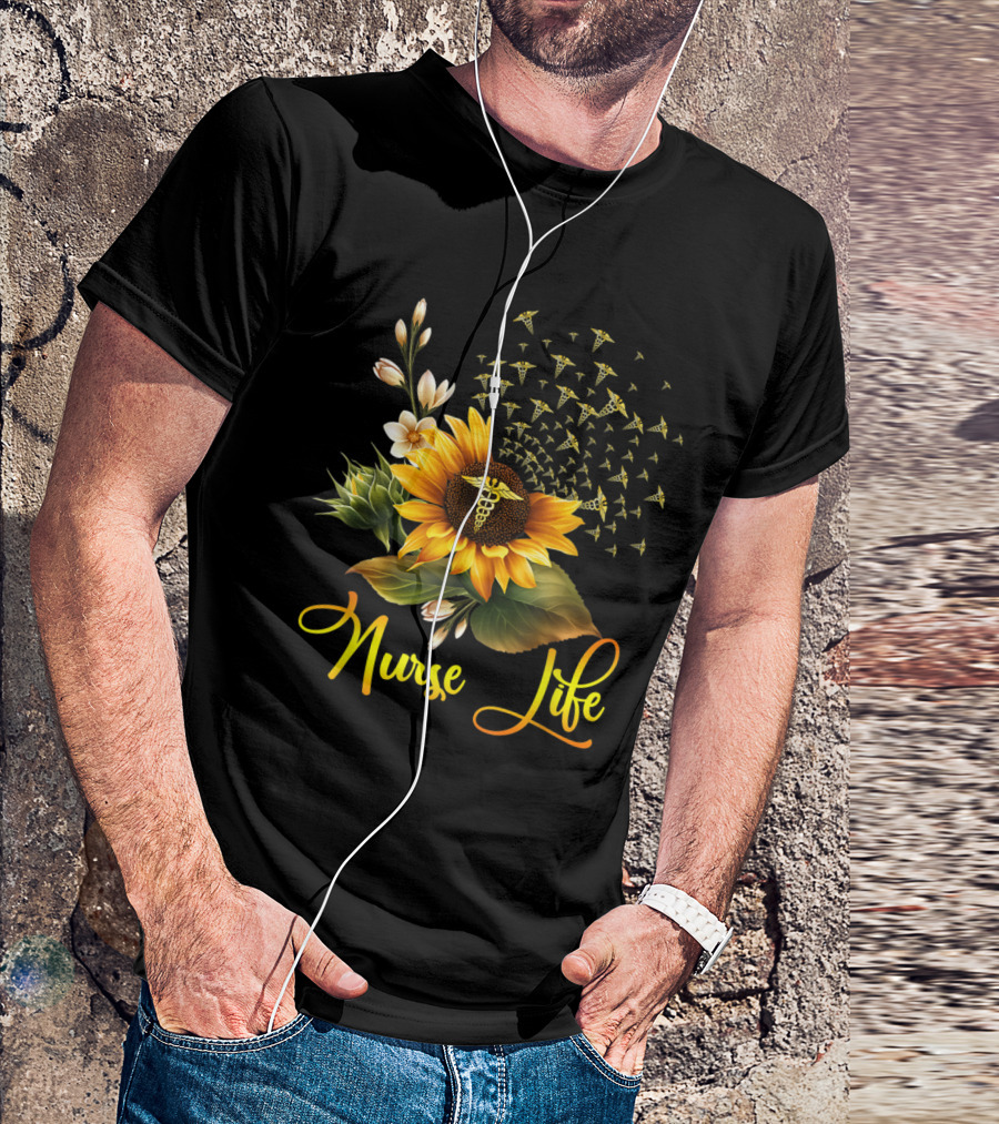 Nurse Life Sunflower Caduceus Symbol Blossoms T-Shirt