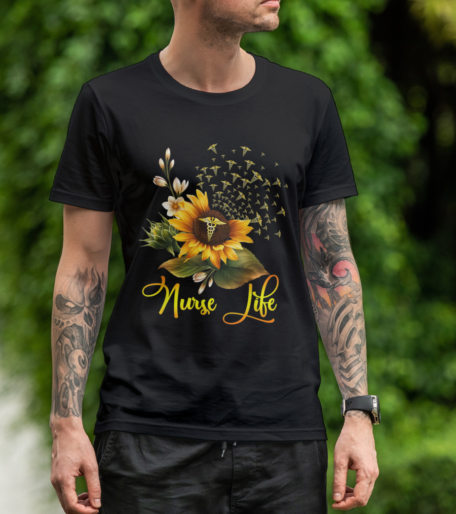 Nurse Life Sunflower Caduceus Symbol Blossoms T-Shirt