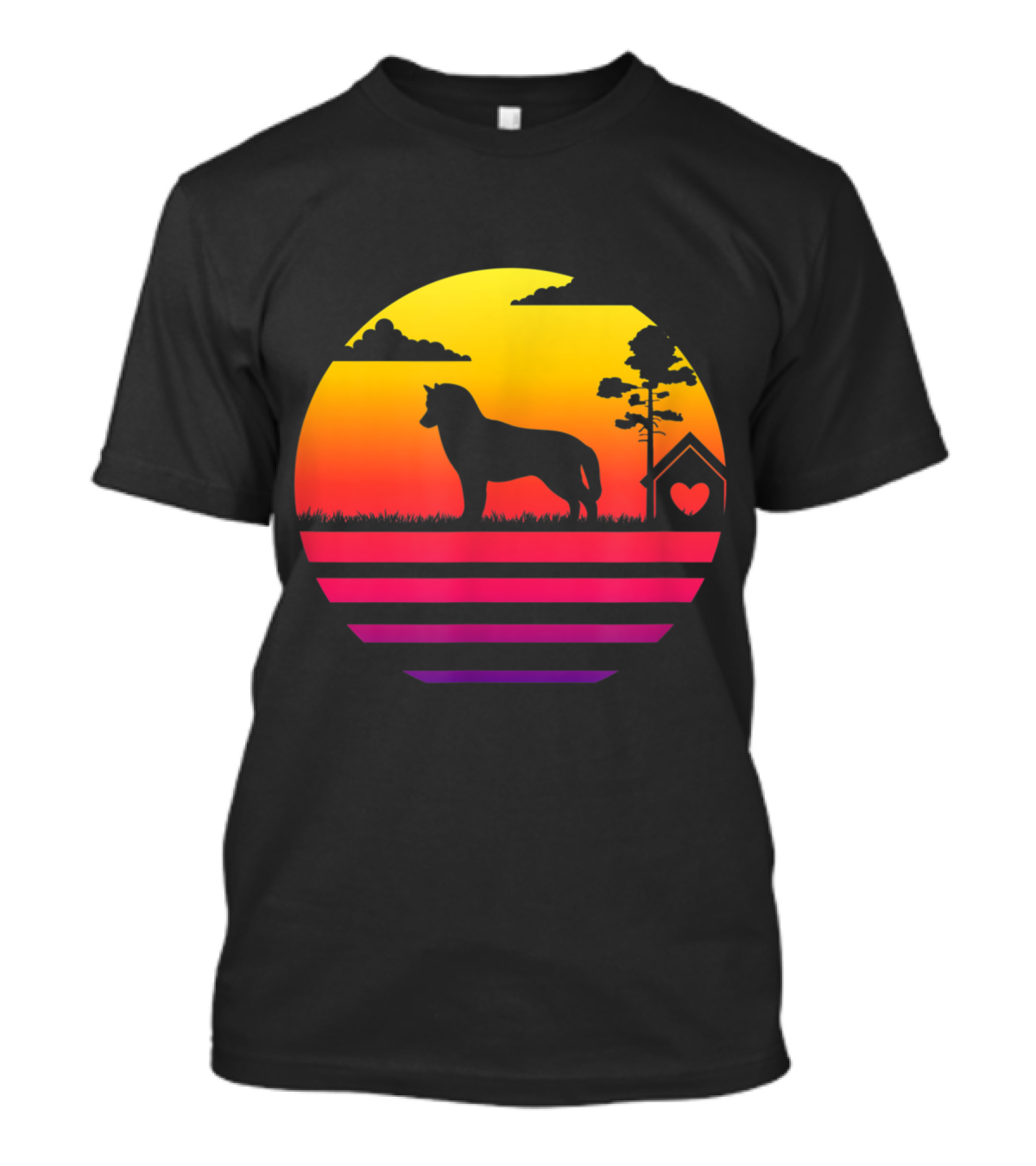 Siberian Husky Silhouette Against Vibrant Vintage Sunset With Doghouse Heart And Trees T-Shirt
