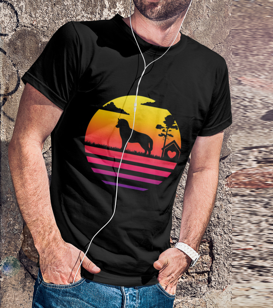 Siberian Husky Silhouette Against Vibrant Vintage Sunset With Doghouse Heart And Trees T-Shirt