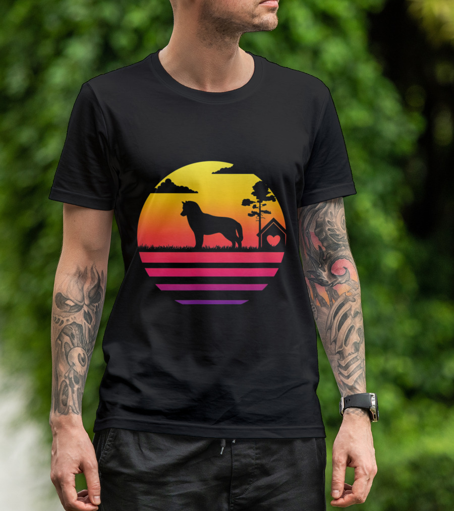 Siberian Husky Silhouette Against Vibrant Vintage Sunset With Doghouse Heart And Trees T-Shirt