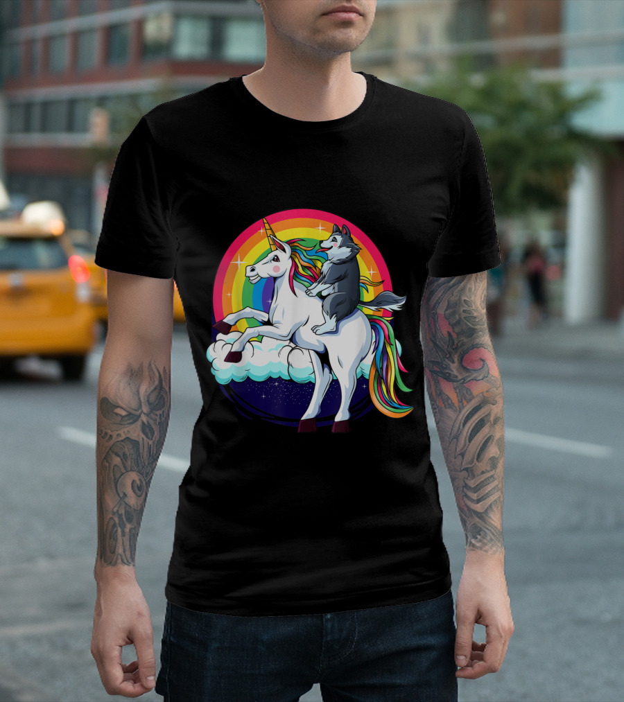 Siberian Husky Riding Unicorn Over Rainbow with Clouds and Stars T-Shirt