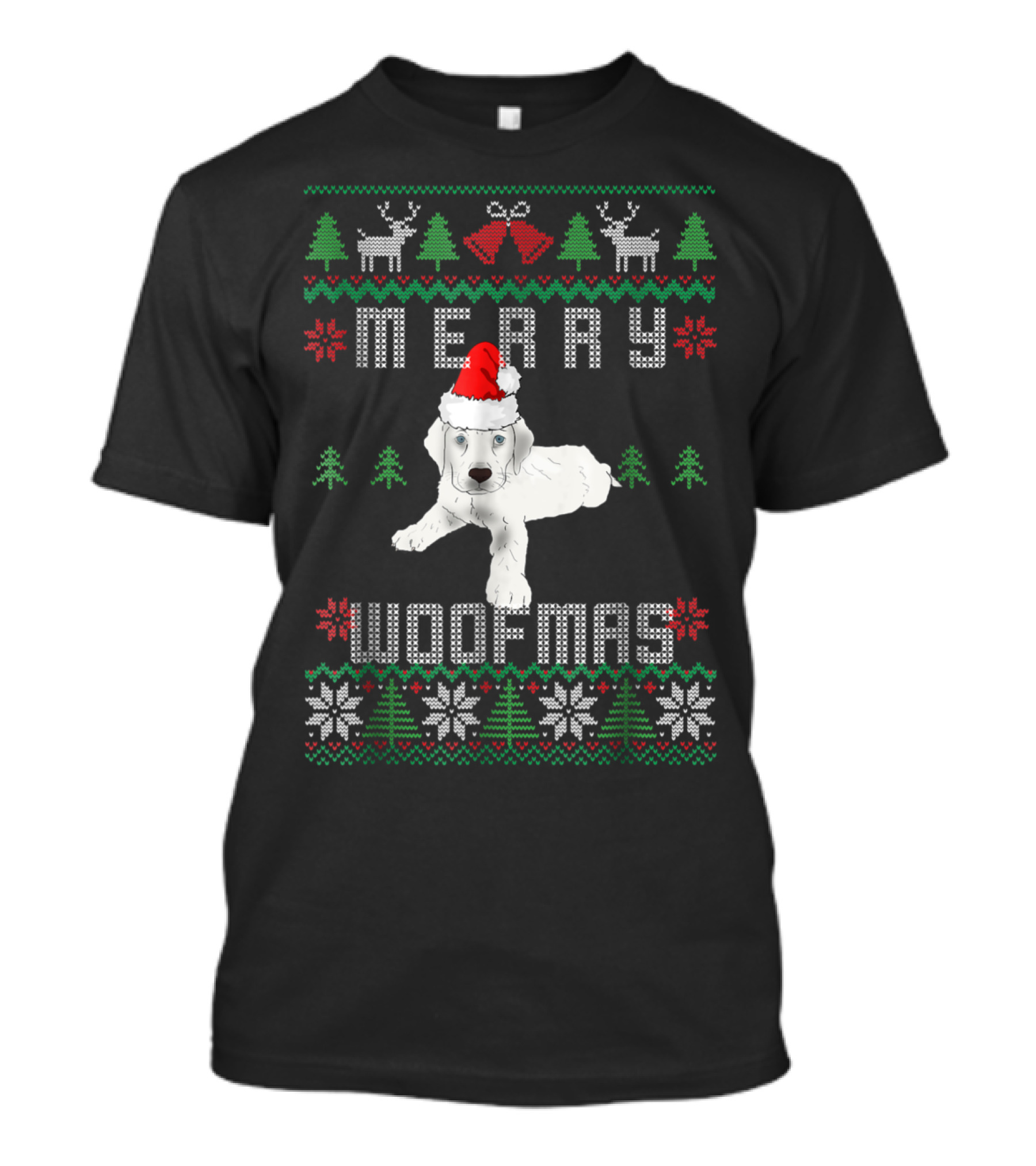 Merry Woofmas Christmas Lab Puppy In Santa Hat With Festive Reindeer And Snowflakes T-Shirt