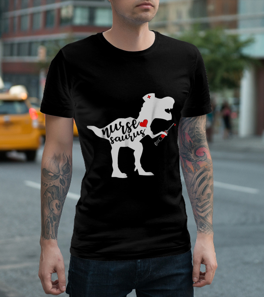 Nurse Saurus Dinosaur with Nurse Cap and Syringe Heart T-Shirt