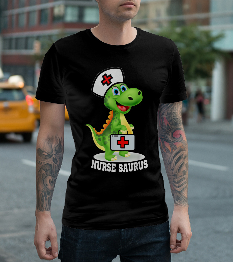 Nurse Saurus Dinosaur with Medical Cross Nurse Hat Holding First Aid Kit T-Shirt