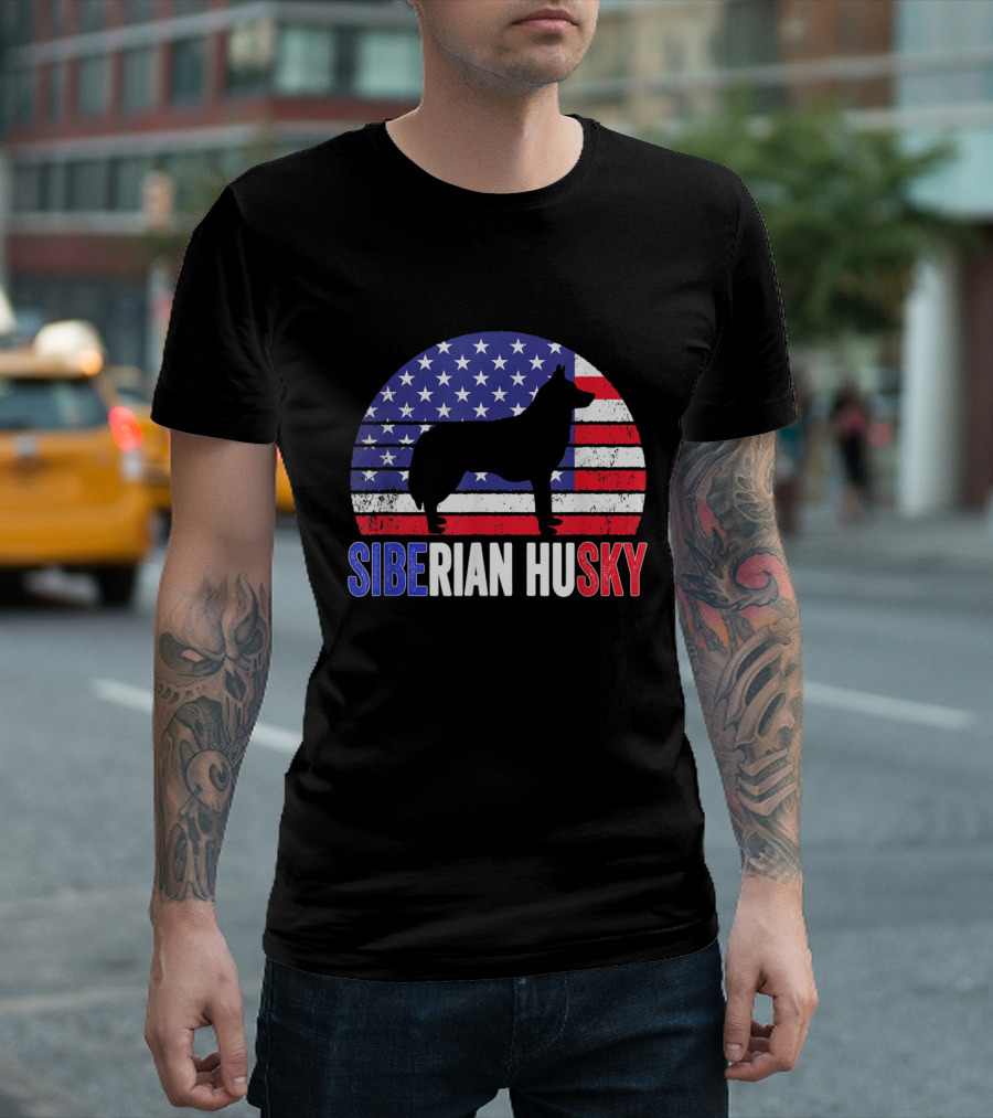 Siberian Husky Silhouette American Flag Stars and Stripes Patriotic 4th of July T-Shirt