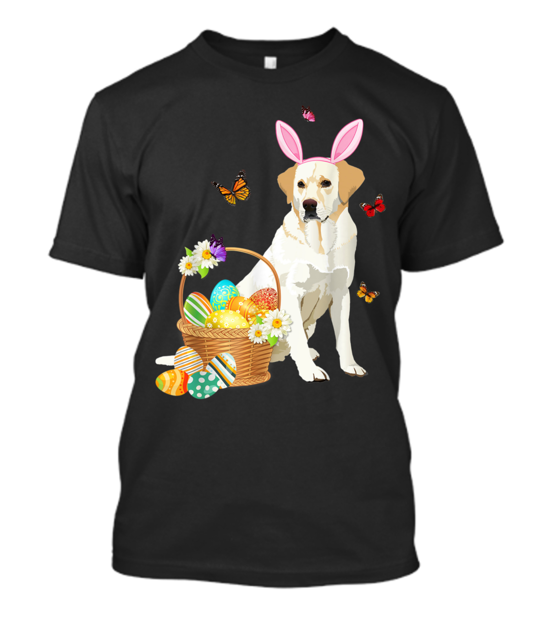 Labrador Bunny Hat With Basket Of Easter Eggs And Butterflies T-Shirt