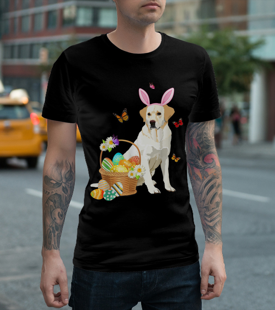 Labrador Bunny Hat With Basket Of Easter Eggs And Butterflies T-Shirt