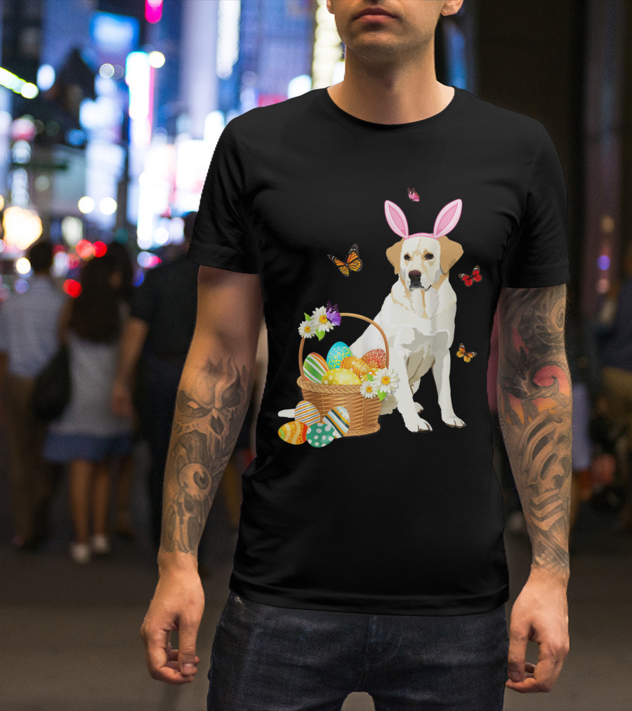 Labrador Bunny Hat With Basket Of Easter Eggs And Butterflies T-Shirt