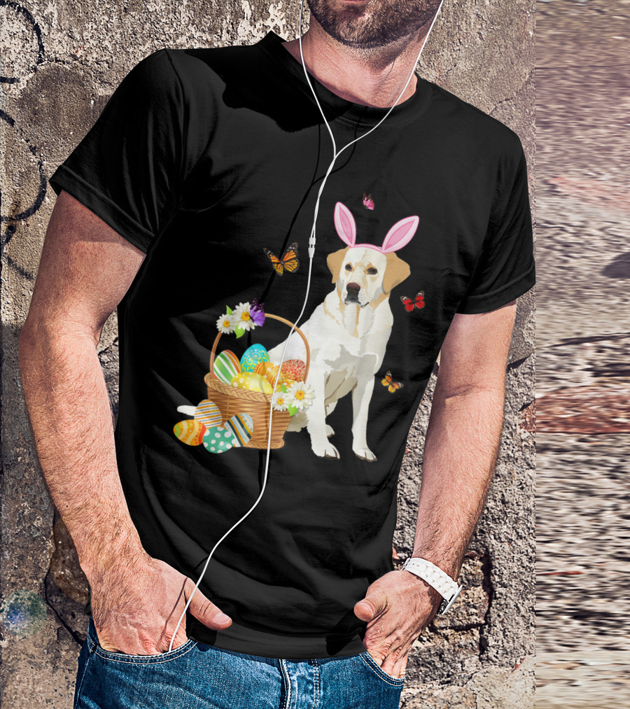 Labrador Bunny Hat With Basket Of Easter Eggs And Butterflies T-Shirt