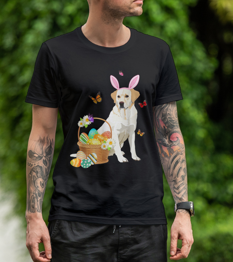 Labrador Bunny Hat With Basket Of Easter Eggs And Butterflies T-Shirt