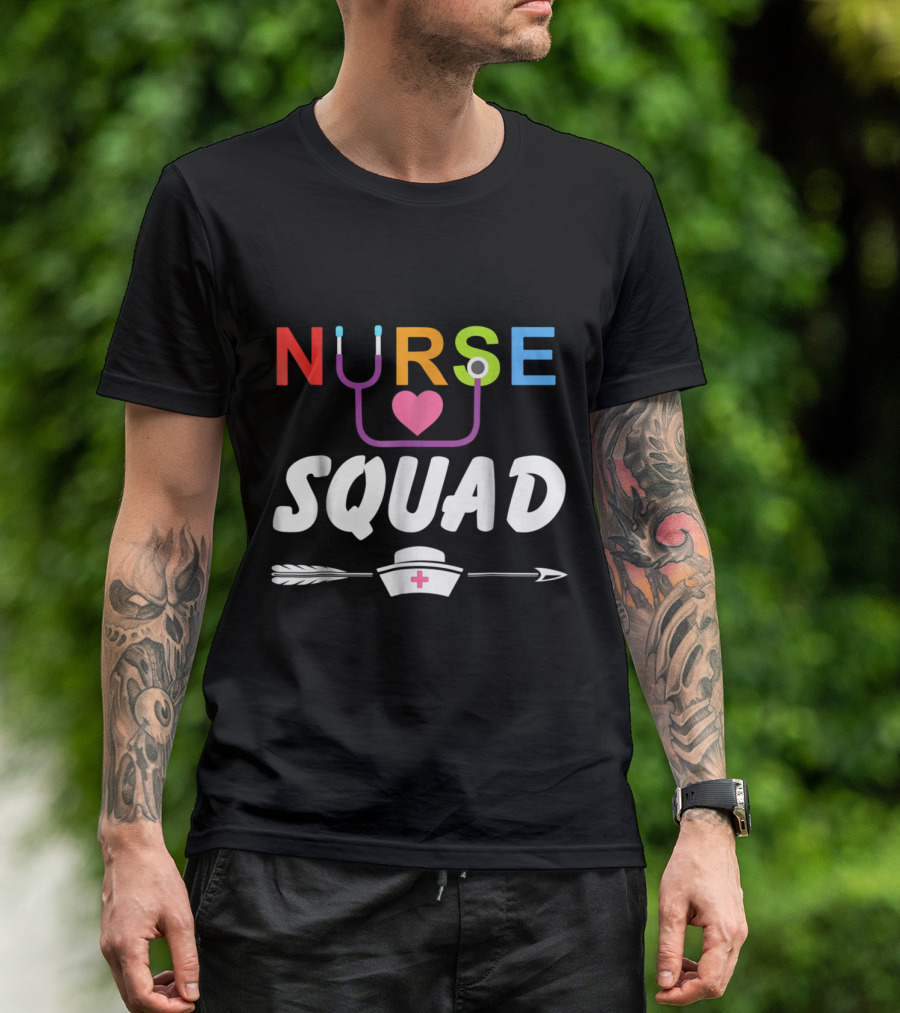 Nurse Squad Rainbow Stethoscope Heart Nurse Hat Arrow Funny Team T-Shirt
