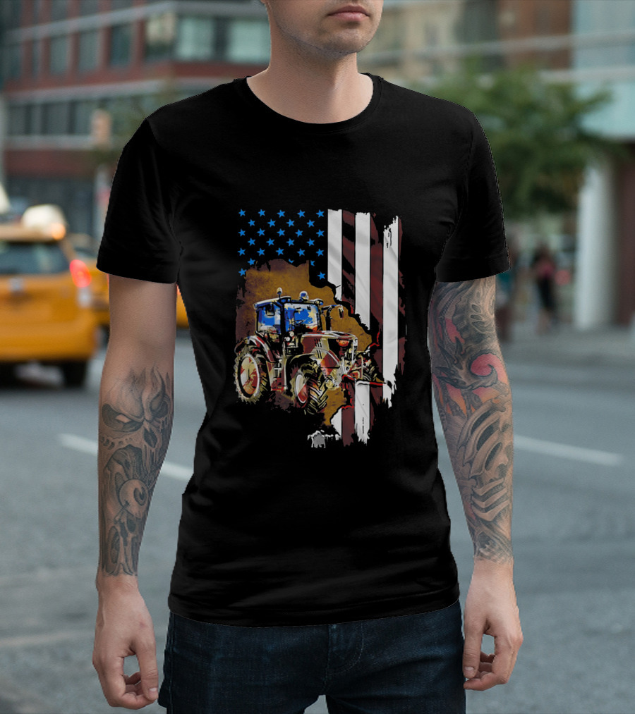 Patriotic Tractor with American Flag Stripes and Stars T-Shirt