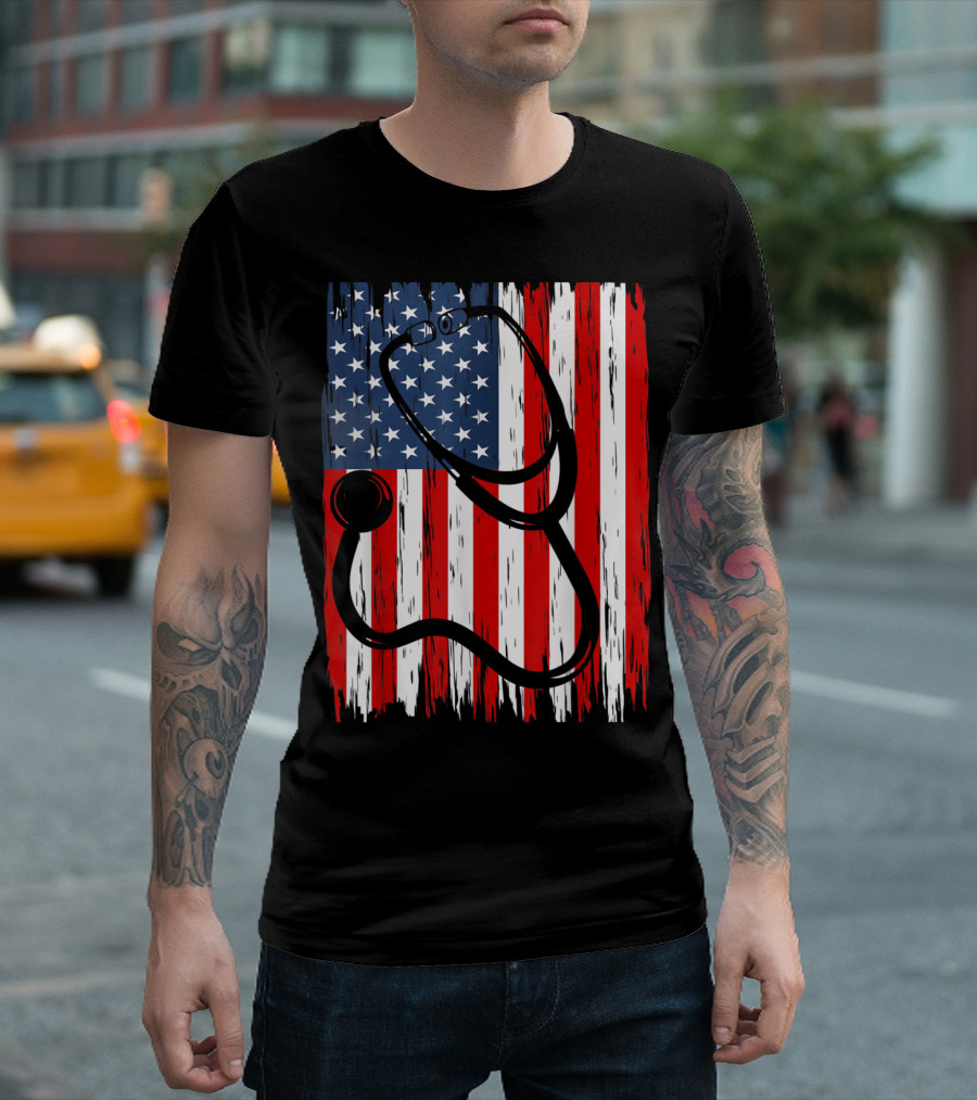 Patriotic Stethoscope American Flag Nurse 4th of July Nursing T-Shirt