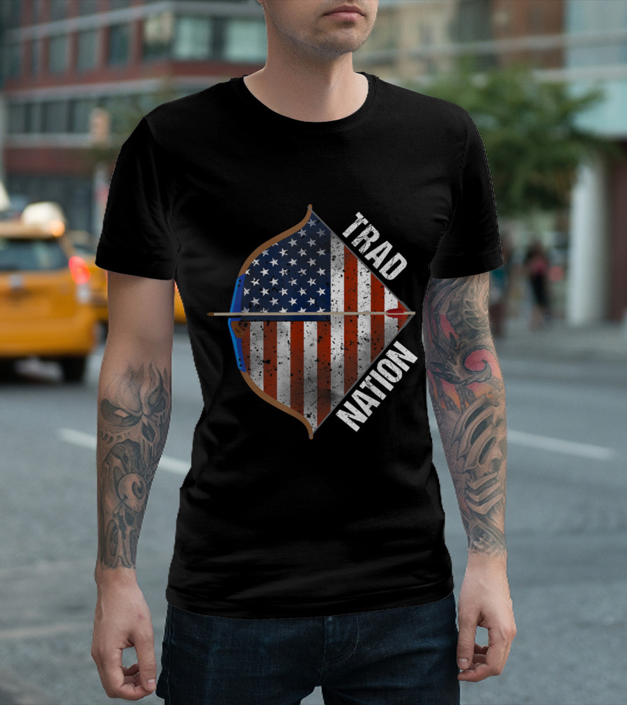 Trad Nation Traditional Archery American Flag Bow and Arrow T-Shirt