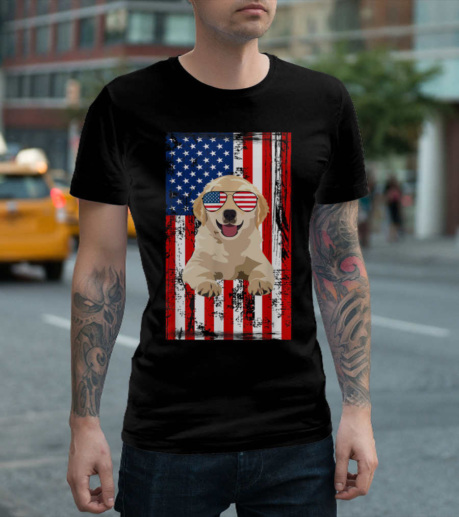 Labrador Dog with American Flag Sunglasses Celebrating 4th of July USA Patriotic T-Shirt