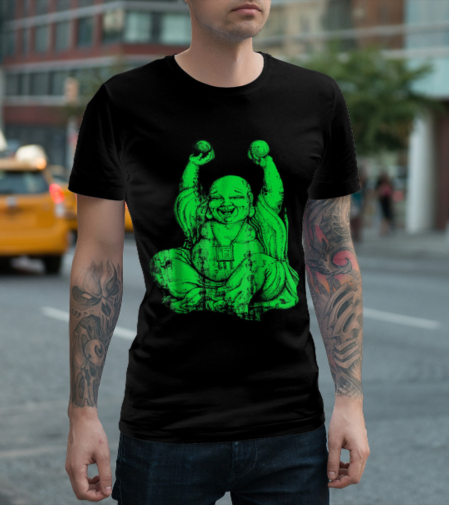 Radiant Green Laughing Buddha with Raised Hands Yoga T-Shirt
