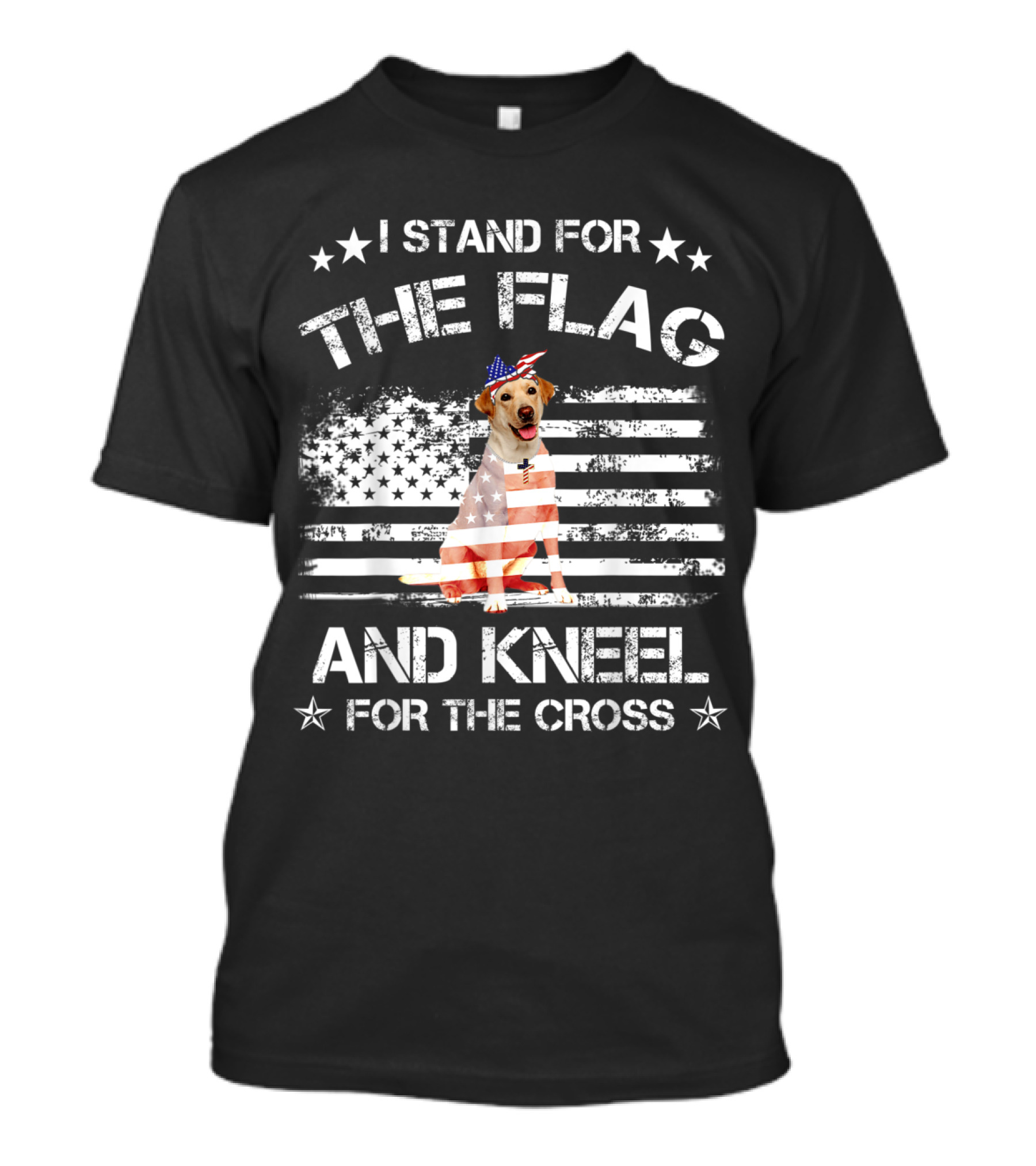 I Stand For The Flag And Kneel For The Cross Labrador Dog With American Flag Hat T-Shirt