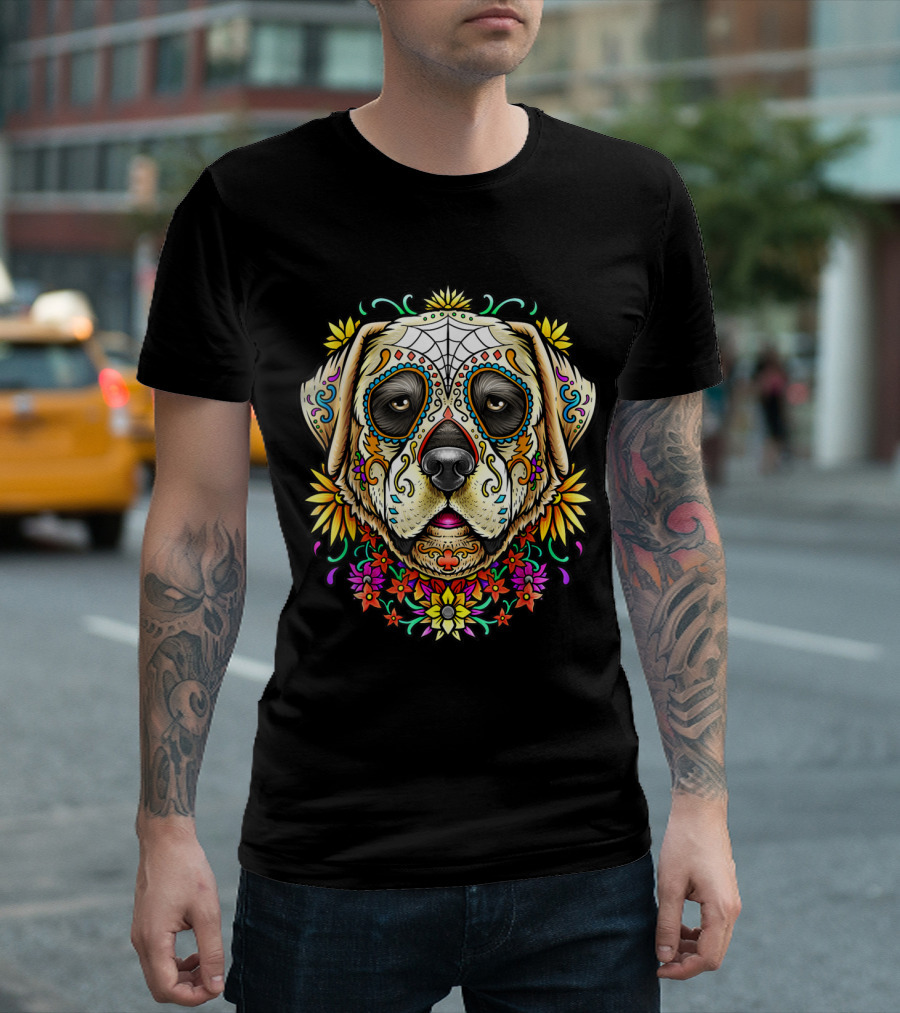 Labrador Dog Dia de los Muertos Sugar Skull Floral T-Shirt