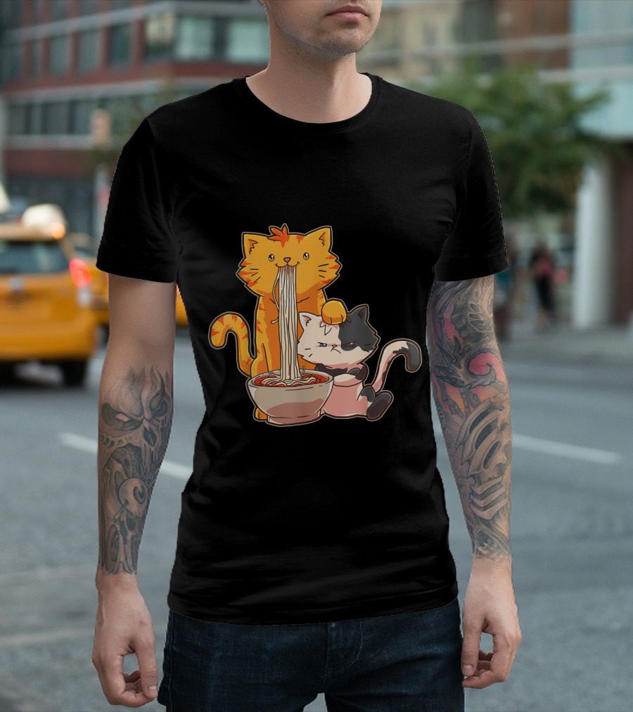 Kawaii Anime Cats Enjoying Ramen Noodles Together T-Shirt