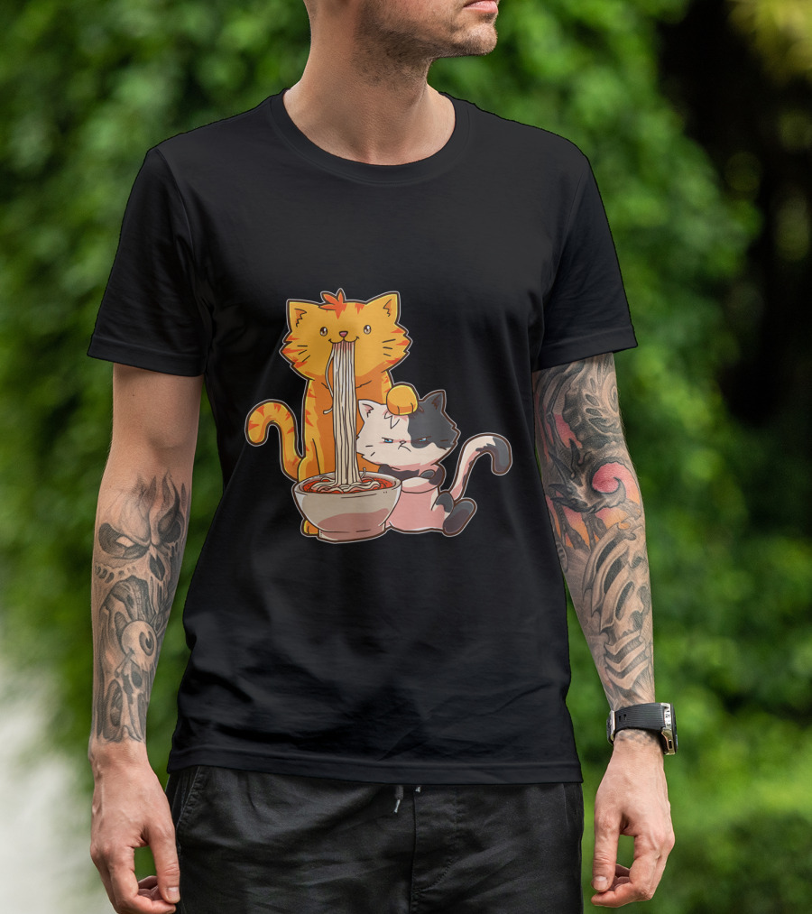 Kawaii Anime Cats Enjoying Ramen Noodles Together T-Shirt