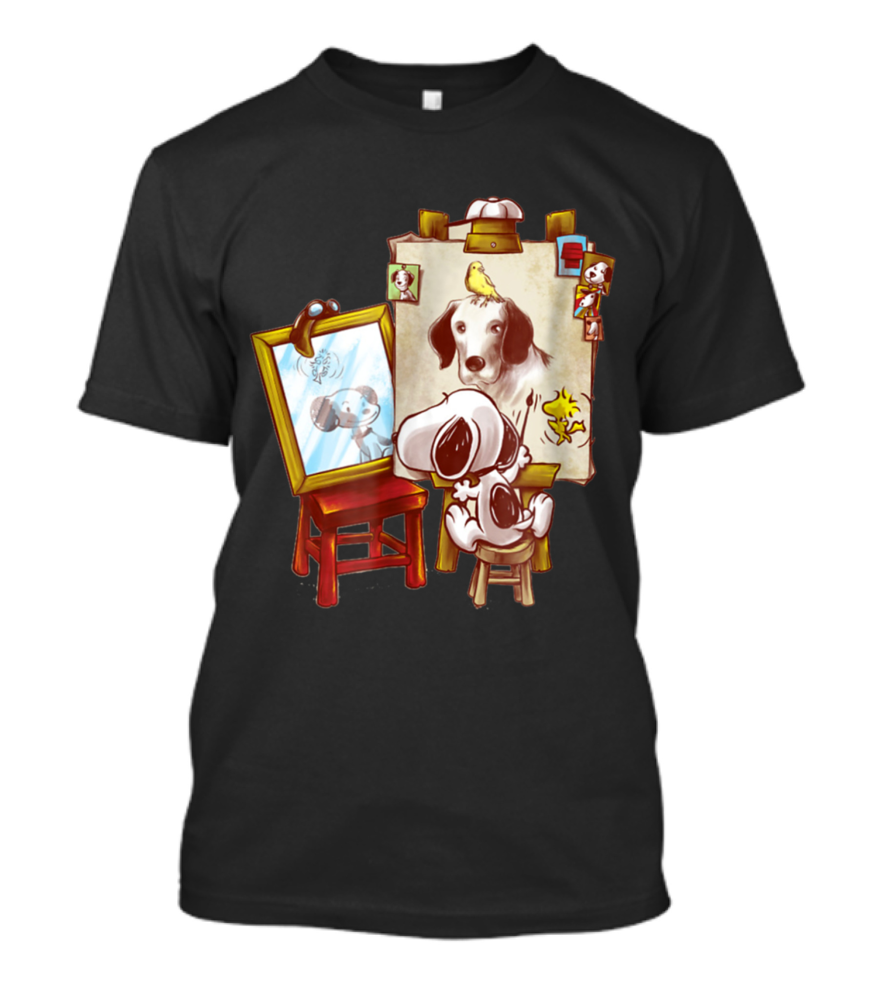 Triple Beagle Artist Scene With Mirror, Picture Frame, And Woodstock T-Shirt