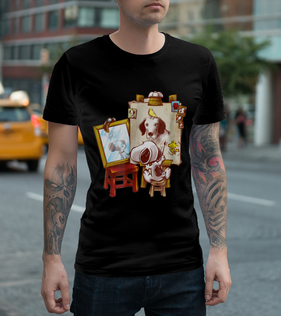 Triple Beagle Artist Scene With Mirror, Picture Frame, And Woodstock T-Shirt