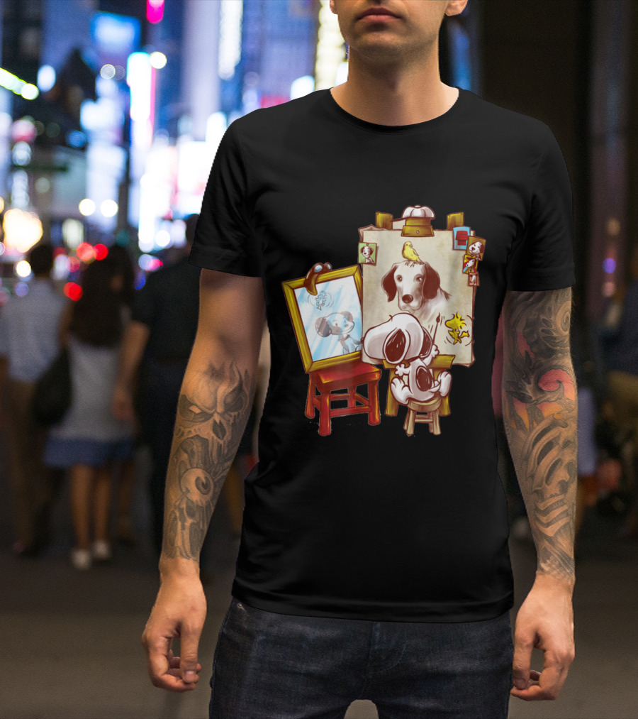 Triple Beagle Artist Scene With Mirror, Picture Frame, And Woodstock T-Shirt